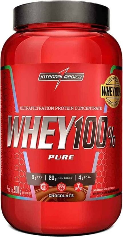 ntegralmédica - Whey Protein Concentrado Chocolate 100% Pure - 21g de Proteína por Scoop, Suplementação Alimentar Pós-Treino, Fórmula Enriquecida com BCAAs - Pote 900g